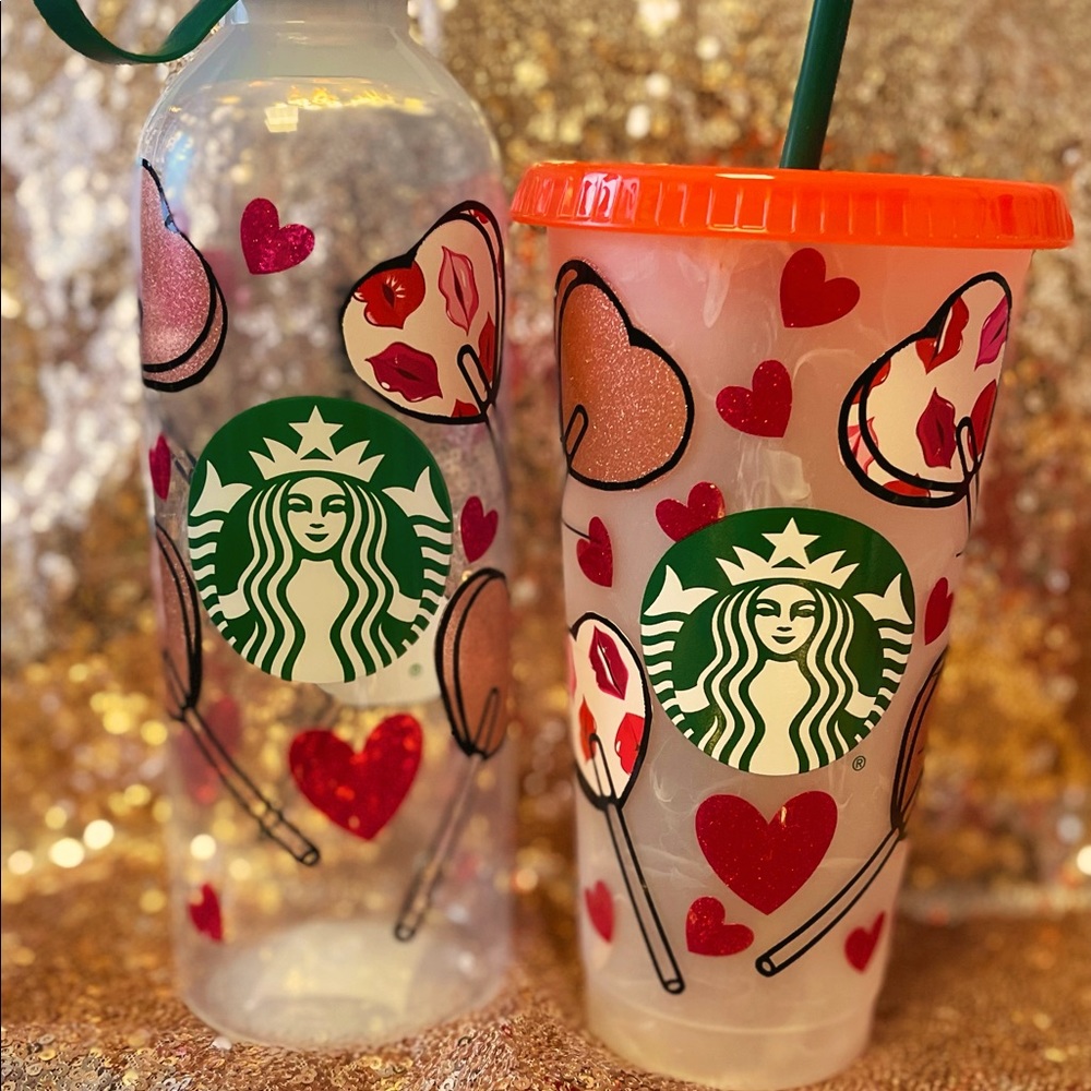 NEW Custom Starbucks Valentines Day 2 Pc Tumbler Gift Set Glitter Lip Print